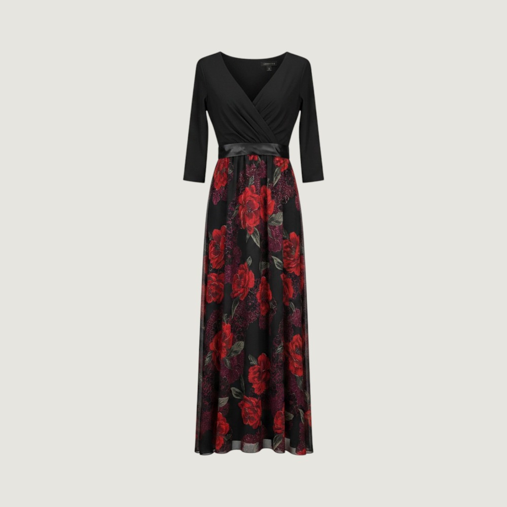 Scarlett Women Black Gold Floral V-Neck Maxi Evening Gown Satin Waist Tie Size 6